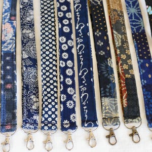 Japanese Fabric Lanyard: Indigo Blue ID Badge Holder, Swivel Clasp