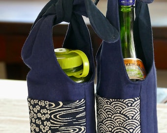 Wine Bottle Holder, Water Bottle Holder, Fabric Wine Tote, Hostess Gift, Water Bottle Carrier, Adjustable Water Tote, Japanese Gift