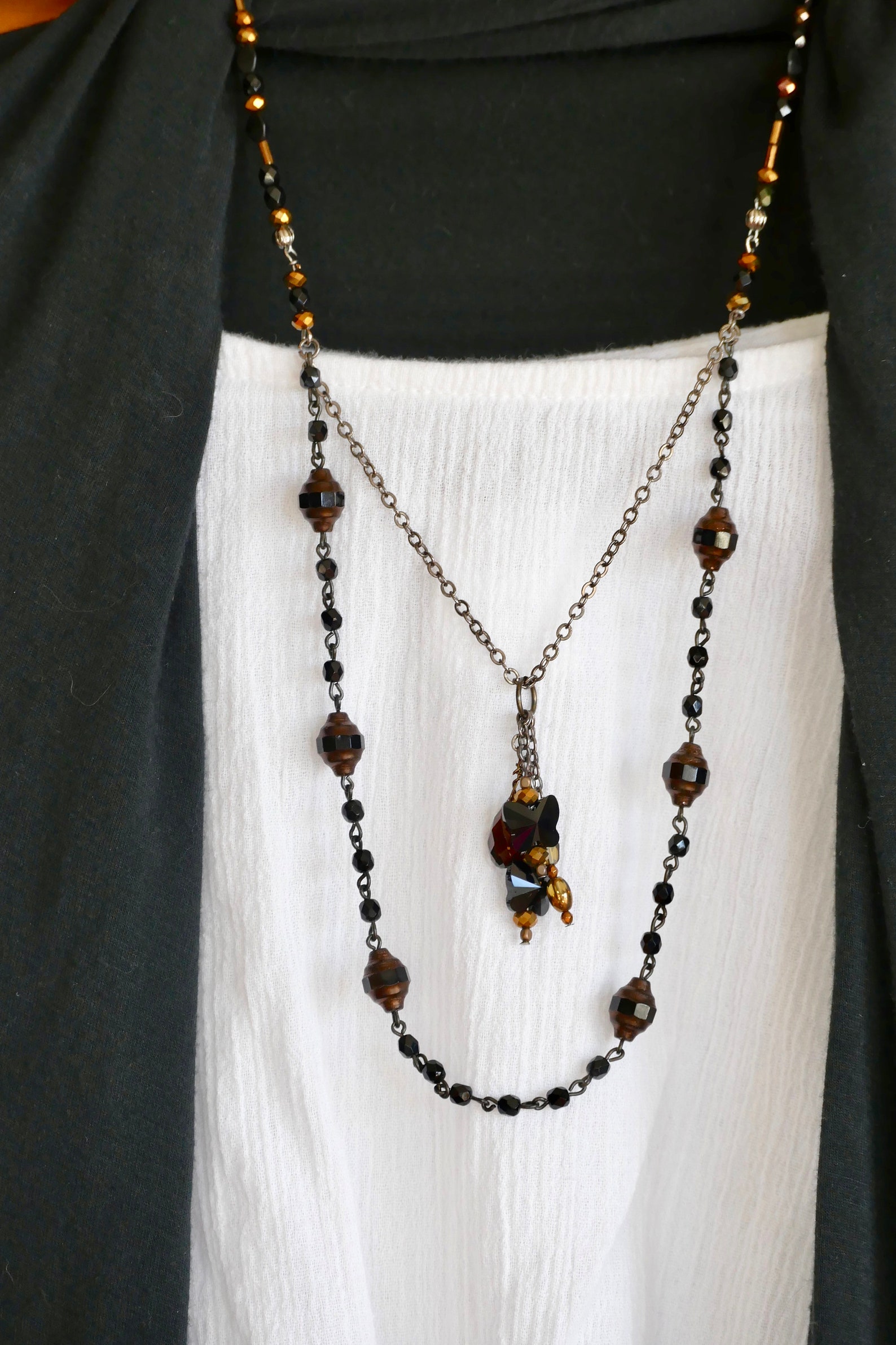 Rosary Style Necklace Boho Black Beaded Multi Layered Etsy España