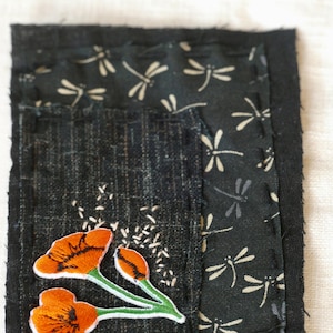 Handmade Boro Sashiko Patch: Japanese Linen, Visible Mending, Jeans Patch, Dragonfly Poppy