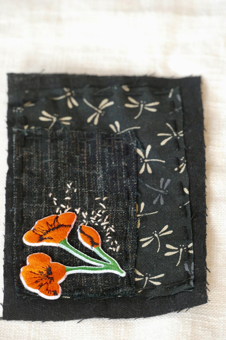Handmade Boro Sashiko Patch: Japanese Linen, Visible Mending, Jeans Patch, Dragonfly Poppy