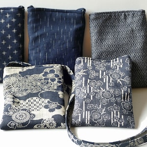 Indigo Cotton Crossbody Bag: Japanese Fabric Cell Phone Pouch