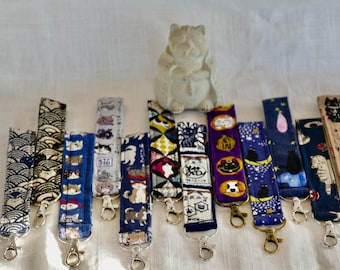 Key Lanyard, Cat Key Fob Wristlet, Japanese Fabric Keychain, Wrist Lanyard