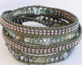 Wrap Bracelets For Women, Green Jewelry, Gypsy Fashion Boho Jewelry Handmade Jewelry Elegant Bohemian Green Bead Leather Wrap Stack Bracelet