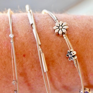 Recycled Guitar String Bangle: Silver Beaded Boho Bracelet Stack