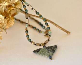 Green Bead Necklace, Butterfly Pendant, Long Beaded Necklace For Women, Jade Jewelry, Gemstone Pendant, Layering Necklace, Boho Luxe