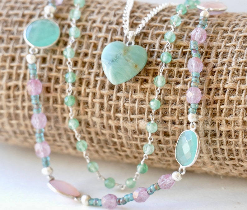 Boho Chic Jewelry Green Jewelry Long Gemstone Tiny Heart Necklace Pink Beaded Layering Necklace For Women Layered Necklace Set