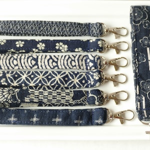 Japanese Indigo Fabric Key Fob: Cotton Wristlet Keychain