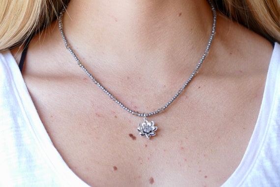 Lotus Flower Necklace Connector Charm Silver Chain Bohemian Floral Flowers Girly