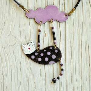 Polka Dot Cat, Black Cat, Enamel Pendant, Black Cat Pendant, Cat Necklace, Enamel Necklace, Purple Cloud, Sky, Cloud And Cat, Enamel Jewelry
