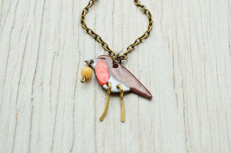 Robin Bird Pendant Enamel Pendant Forest Robin Pendant Animal Forest Necklace Birdie Bird Necklace Songbird Berry Enamel Jewelry