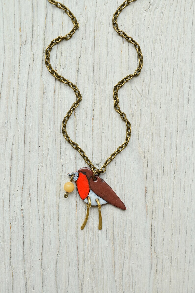 Robin Bird Pendant Enamel Pendant Forest Robin Pendant Animal Forest Necklace Birdie Bird Necklace Songbird Berry Enamel Jewelry