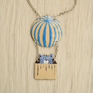Enamel Pendant, Enamel Necklace, Enamel Jewelry, Cat Pendant, Air Baloon, Cat Necklace, Boho Enamel Necklace, Cat Shaped Jewelry, Tabby cat,