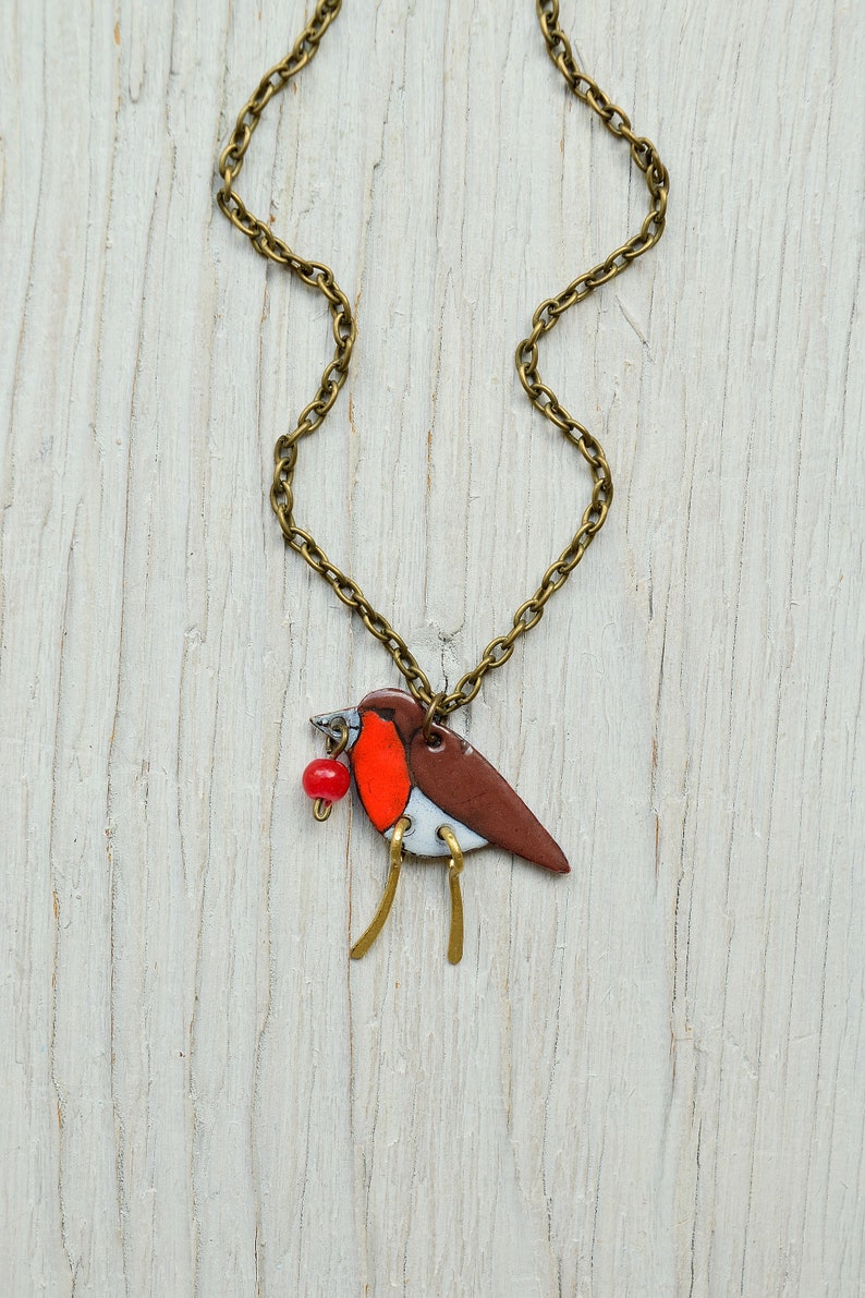 Robin Bird Pendant Enamel Pendant Forest Robin Pendant Animal Forest Necklace Birdie Bird Necklace Songbird Berry Enamel Jewelry