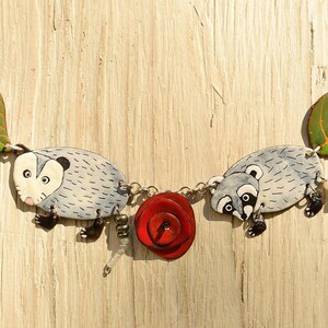 Opossum And Raccoon And Poppy Flower Among Leaves Enamel Necklace, Forest Necklace, Leaf and Opossum, Leaves And Raccoon, Forest, Wildlife