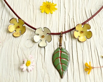 Enamel Flower, Flower Necklace, Wildflowers, Flower Pendant, Garden, Plants Necklace, Love Forest, Nature Jewelry, Leaf, Natural Jewelry,