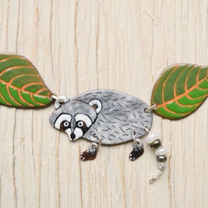 Raccoon In The Forest Among Leaves Enamel Necklace, Leaves, Forest Necklace, Leaf and Raccoon, Leaves And Raccoon, Forest, Wild Animals