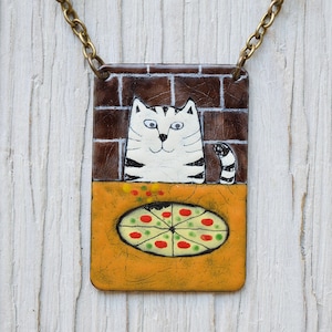 Pizza und Katze, Pizza, Küche, Katze Halskette, Pizza Backen, Emaille Halskette, Pizzascheibe, Pizza, Katzenschmuck, Emaille Schmuck, gestreifte Katze