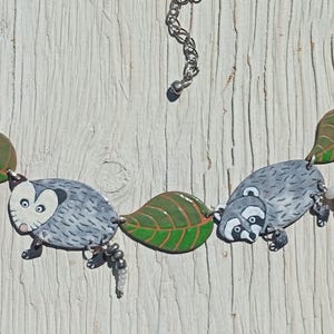 Opossum And Raccoon In The Forest Among Leaves Enamel Necklace, Leaves, Forest Necklace, Leaf and Opossum, Leaves And Raccoon, Forest, Wild