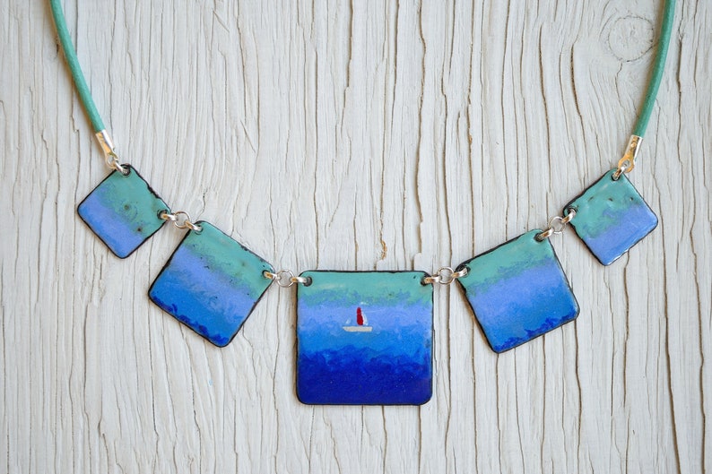 Enamel Necklace Boat In The Sea Ocean Jewelry Sailing Ocean Necklace Nautical Marine Jewelry Statement Necklace Sea Necklace