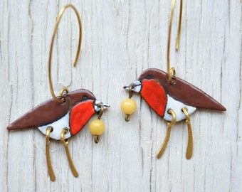 Robin Enamel Earrings, Bird Earrings, Songbird Earrings, Quartz Bead, Birdie Earrings, Forest Earrings, Enamel Jewelry, Brass,