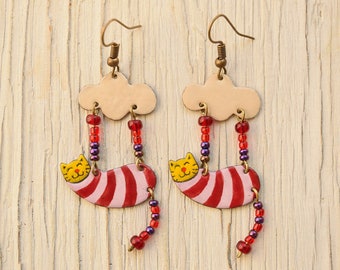Enamel Earrings, Cat Earrings, Enamel Jewelry, Cat Jewelry, Cat Shaped Earrings, Striped Earrings, Jumping Cat, Cloud Earrings, Aerialist,