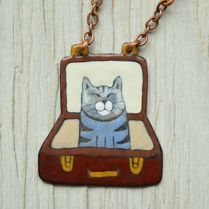 Suitcase and Cat, Cat In Tha Suitcase, Hiding Cat, Cat Necklace, Enamel Necklace, Cat Jewelry, Enamel Jewelry, Gray Striped Cat, Cat Pendant