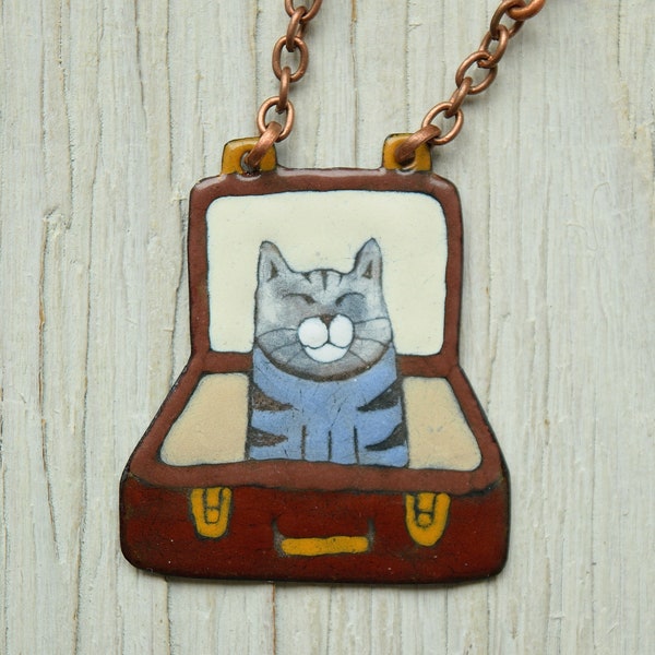 Suitcase and Cat, Cat In Tha Suitcase, Hiding Cat, Cat Necklace, Enamel Necklace, Cat Jewelry, Enamel Jewelry, Gray Striped Cat, Cat Pendant