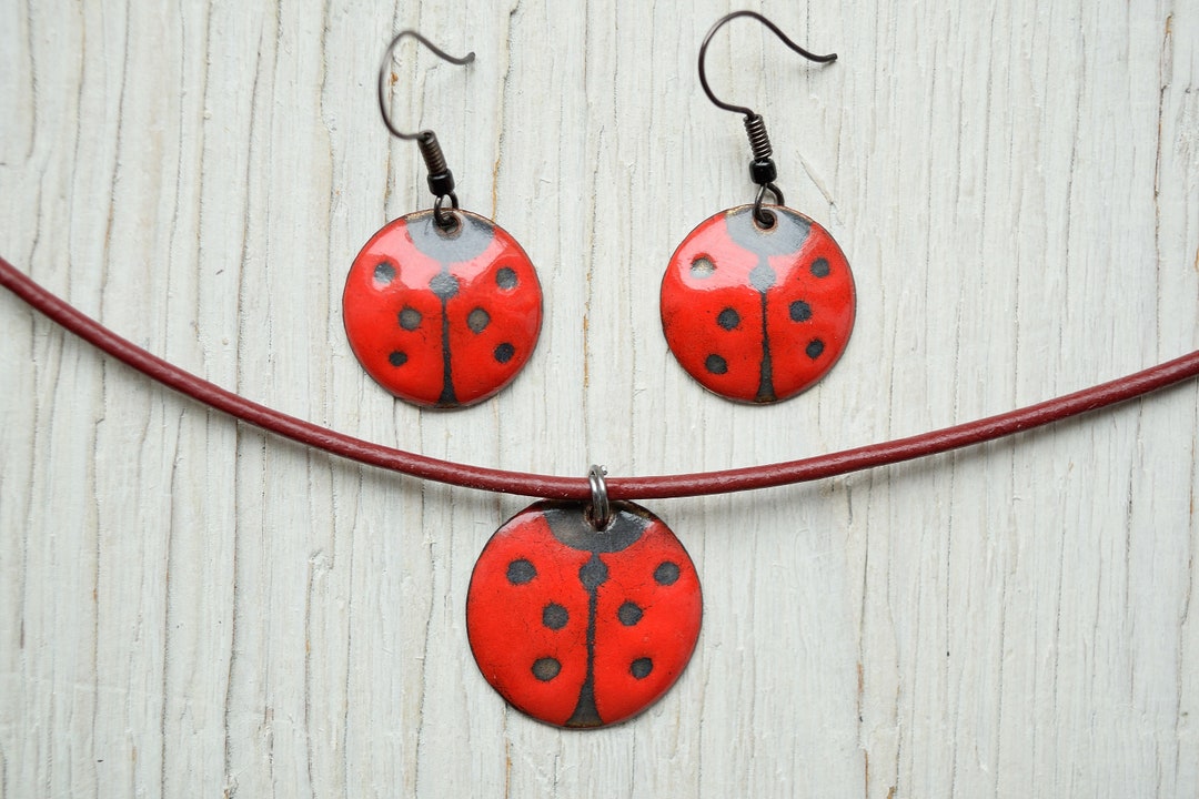 Ladybug Jewelry Set, Enamel Earrings and Pendant, Black Dots, Polka