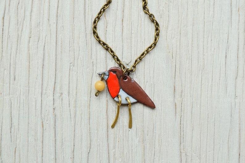 Robin Bird Pendant Enamel Pendant Forest Robin Pendant Animal Forest Necklace Birdie Bird Necklace Songbird Berry Enamel Jewelry