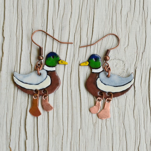 Bijoux de canard, boucles d'oreilles en émail, colvert, boucles d'oreilles de canard, canard, bijoux en émail, canard colvert, bijoux de la faune, observation des oiseaux, sauvagine, oiseau,