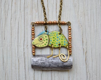 Chameleon Enamel Necklace, Reptile, Lizard Necklace, Brass Necklace, Alumnium, Chameleon Jewelry, Enamel Jewelry, Enamel Necklace, Green