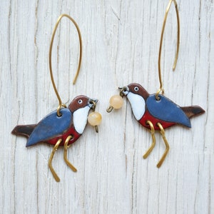 Throstle, White-Throated Dipper Earrings, Bird Earrings, Songbird Earrings, Forest Earrings, Enamel Jewelry, Brass