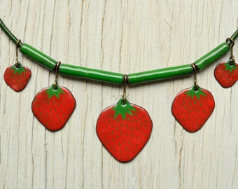 Strawberry Necklace, Enamel Necklace, Statement Necklace, Fruit Necklace, Enamel Jewelry, Strawberry Jewelry, Strawberry Shortcake,