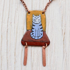 Gray Cat in the Chair, Cat Necklace, Glass Beads, Cat Enamel, Enamel Necklace, Cat Jewelry, Enamel Jewelry, Gray Striped Cat, Cat Pendant