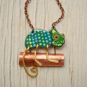 Chameleon Enamel Necklace, Reptile, Lizard Necklace, Brass Necklace, Copper, Chameleon Jewelry, Enamel Jewelry, Enamel Necklace, Green