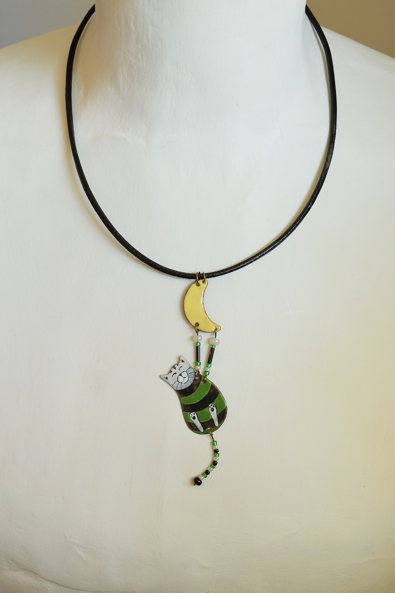 Enamel Cat Green Cat Irish Cat,, Enamel Necklace Cat and Moon Cat Jewelry Striped Cat Moon Jewelry Cat Necklace Striped Jewelry