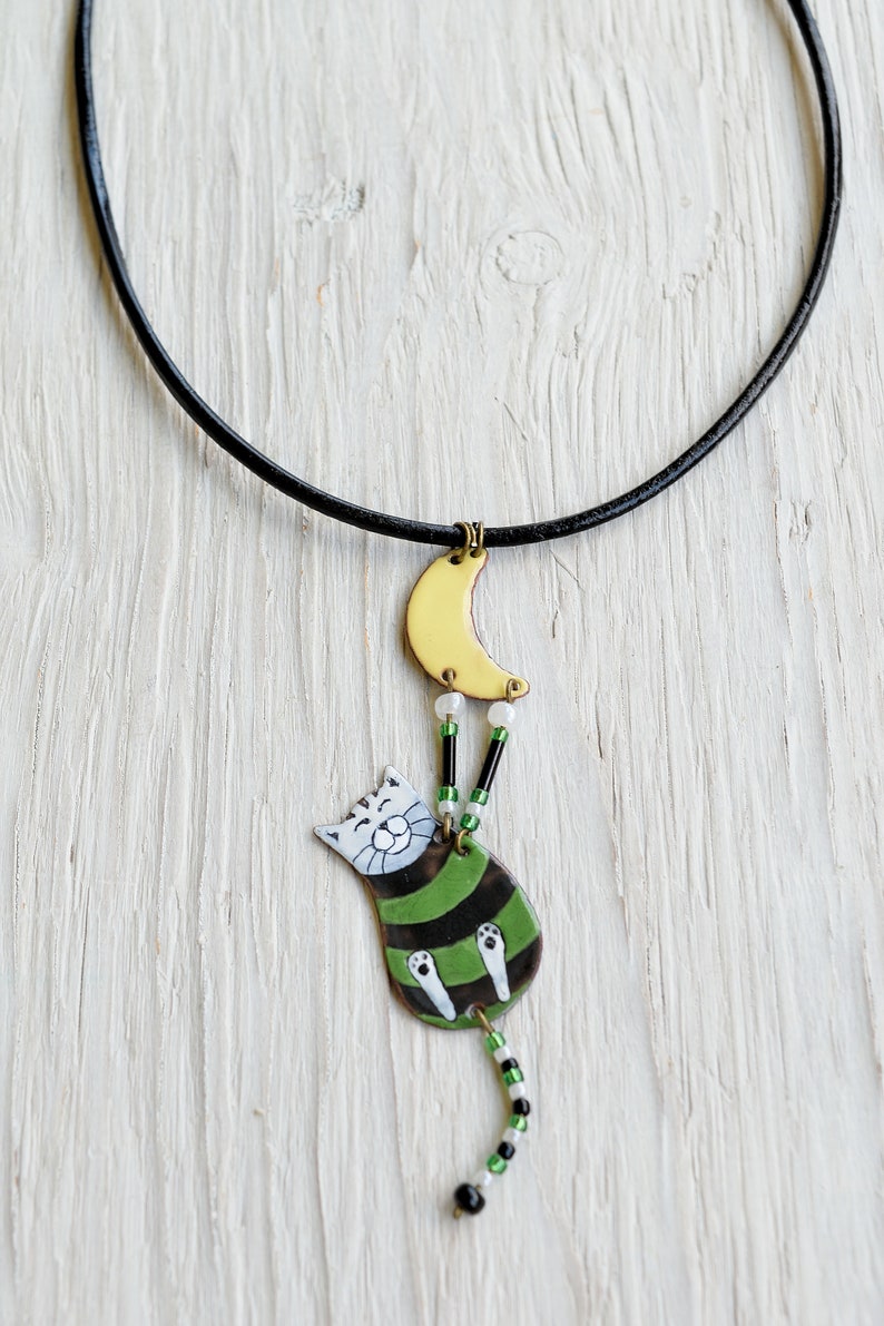 Enamel Cat Green Cat Irish Cat,, Enamel Necklace Cat and Moon Cat Jewelry Striped Cat Moon Jewelry Cat Necklace Striped Jewelry