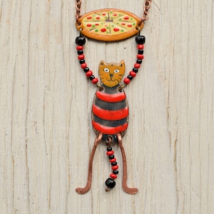 Pizza und Katze, Pizza, Pizza ist bereit, Katze Halskette, Pizza Backen, Emaille Halskette, Pizza, Katzen schmuck, Emaille Schmuck, Gestreifte Katze