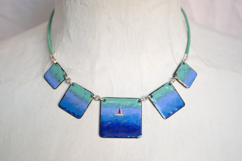 Enamel Necklace Boat In The Sea Ocean Jewelry Sailing Ocean Necklace Nautical Marine Jewelry Statement Necklace Sea Necklace