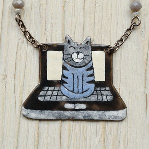 Laptop and Cat, Cat On The Laptop, Naughty Cat, Cat Necklace, Enamel Necklace, Cat Jewelry, Enamel Jewelry, Gray Striped Cat, Cat Pendant