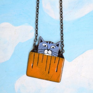 Enamel Pendant, Enamel Necklace, Mike, Enamel Jewelry, Cat Pendant, Cat Necklace, Boho Enamel Necklace, Cat Shaped Jewelry, Tabby cat,
