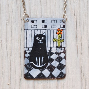 Stay Home, Cat in the Balcony, Cat Necklace, Flower of Cactus, Enamel Necklace, Cactus, Cacti,  For Cat Fans, Enamel Jewelry, Black Cat