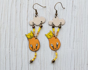 Enamel Earrings, Cat Earrings, Cloud And Cats, Enamel Jewelry, Cat Jewelry, Cat Shaped Earrings, Boho Earrings, Ocher Cat Earrings, Cloud,