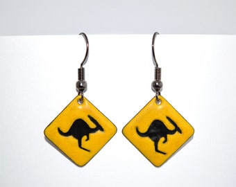 Jewelry, Earrings, Kangaroo, Enamel Earrings, Road Sign Earrings, Enameled Earrings, Enameled Jewelry, Australia, Australian, Aussie,