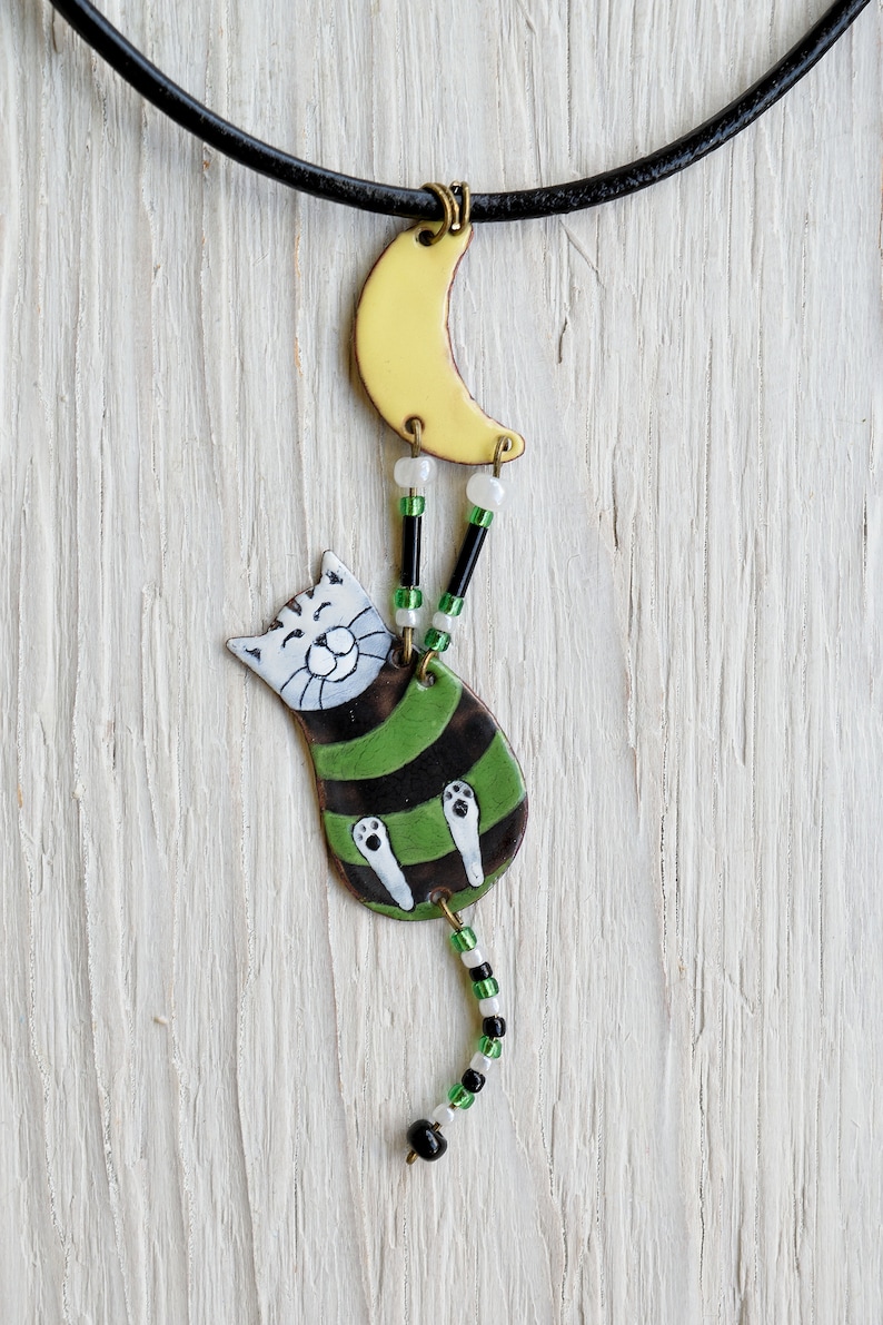 Enamel Cat Green Cat Irish Cat,, Enamel Necklace Cat and Moon Cat Jewelry Striped Cat Moon Jewelry Cat Necklace Striped Jewelry