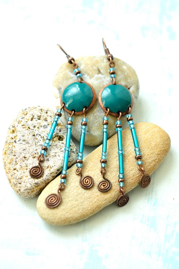 Turquoise Enamel Earrings, Ancient Roman Style Decorate With Beads, Turquoise Earrings, Byzantine, Classical Style, With Ornaments,