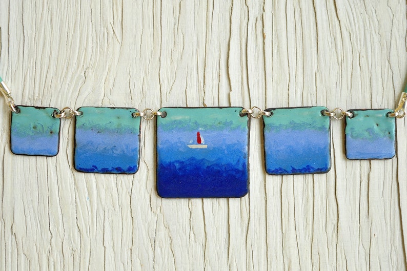 Enamel Necklace Boat In The Sea Ocean Jewelry Sailing Ocean Necklace Nautical Marine Jewelry Statement Necklace Sea Necklace