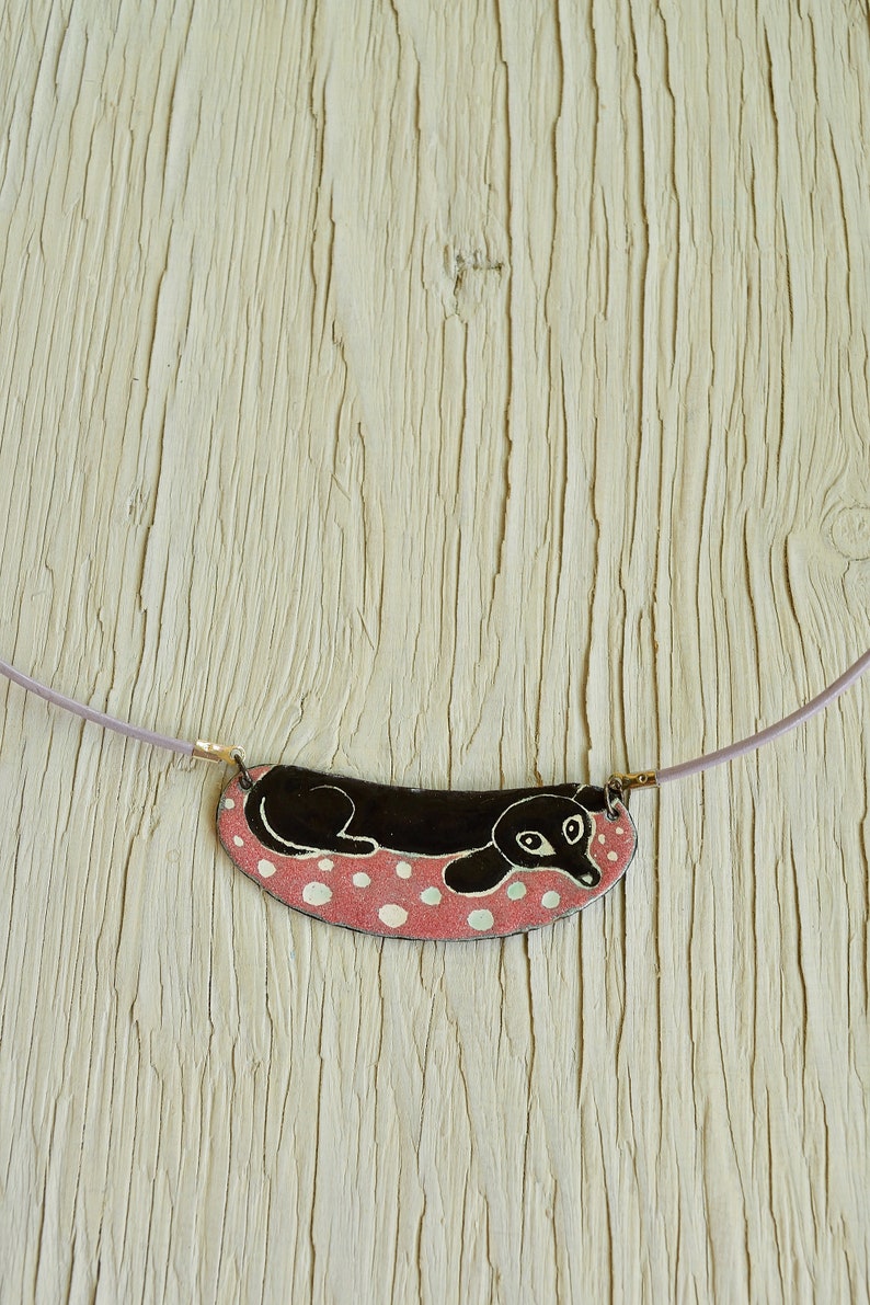 Dachshund, Dachshund Necklace, Dog Jewelry, Pet Jewelry, Dog Necklace, Puppy, Enamel Jewelry, Enamel Necklace, Lying Dog, Polka Dot Blanket, image 5