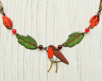 Robin Bird Among The Leaves, Robin Necklace, Brass, Bird Pendant, Robin, Enamel Necklace, Enamel Pendant, Enamel Jewelry, Birdie Earrings